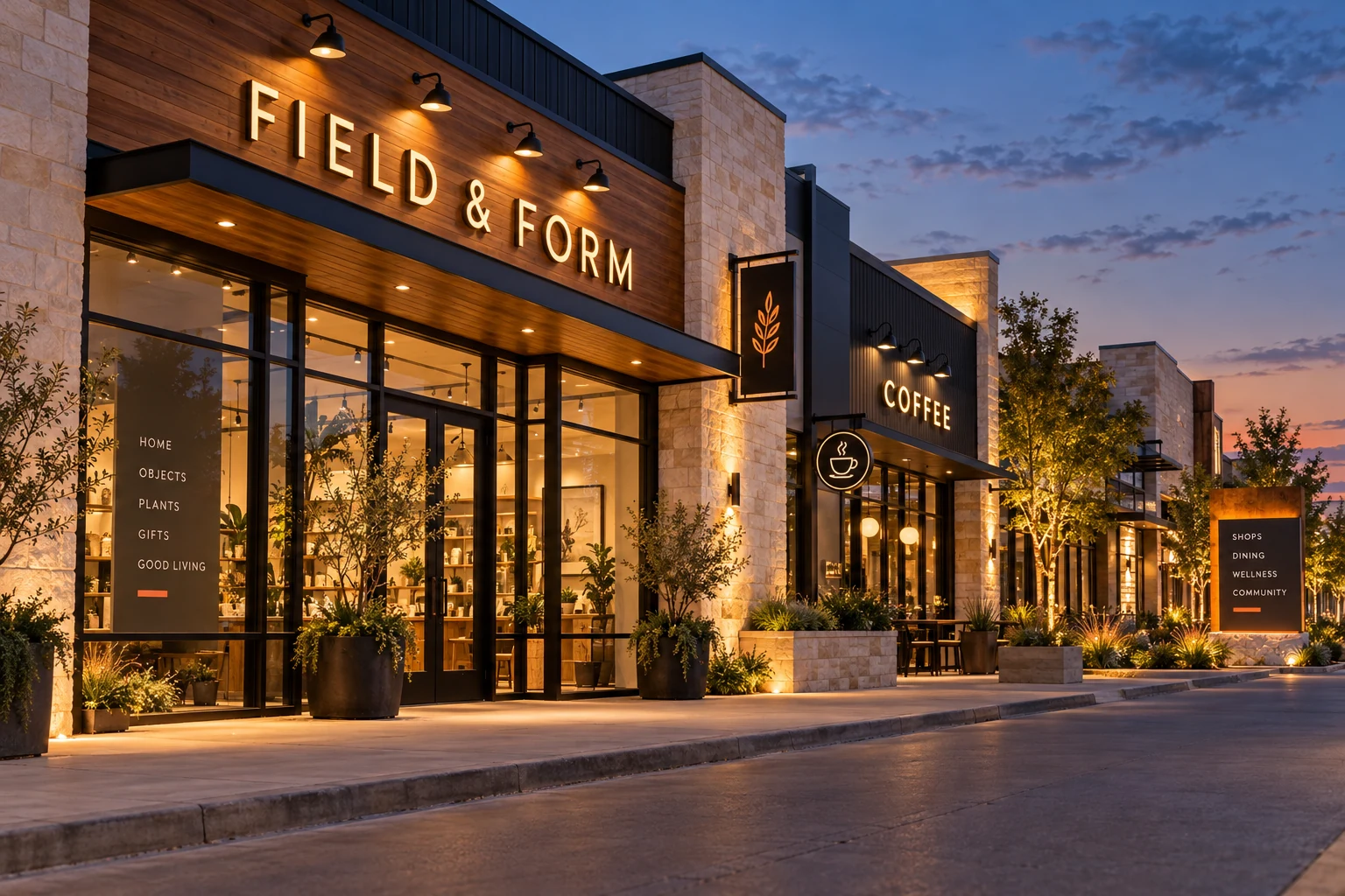 Illustrative shopping street with illuminated storefront letters and blade signs